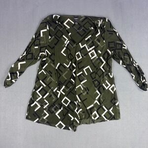 Alfani Womens XL Olive Green Geometric Mesh V-Neck Tunic Blouse 3/4 Sleeve